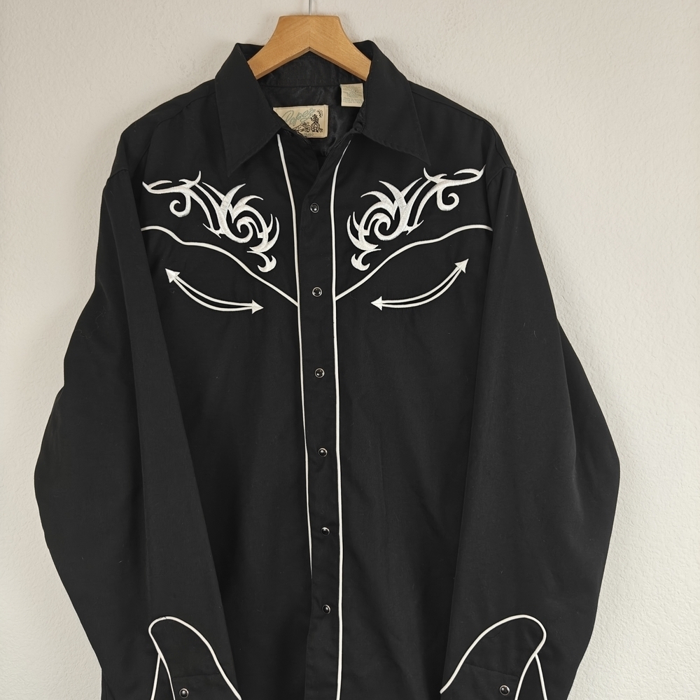 Vintage Roper Black Western Pearl Snap Shirt – White Embroidered Scroll Men’s LG - Picture 4 of 13